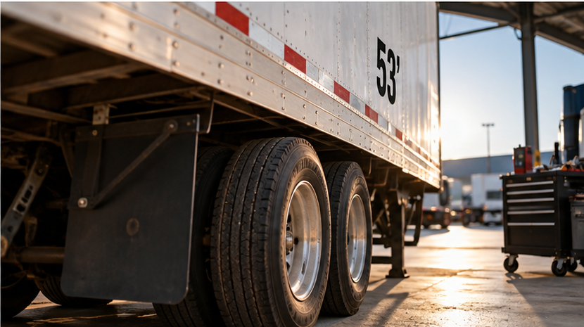 Detalle de caja seca de 53 pies y componentes de tráiler